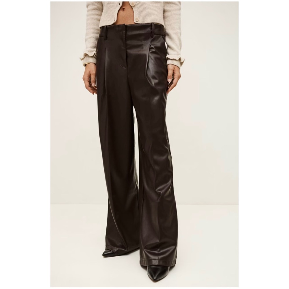 Ba&sh Women’s Sz S Brown Faux Leather Pants Rami High Rise Pleated Trouser